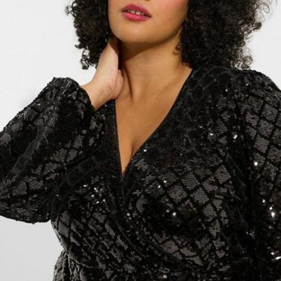 Torrid - Mini Velour Sequin Surplice Dress in Deep Black - Picture 1 of 14